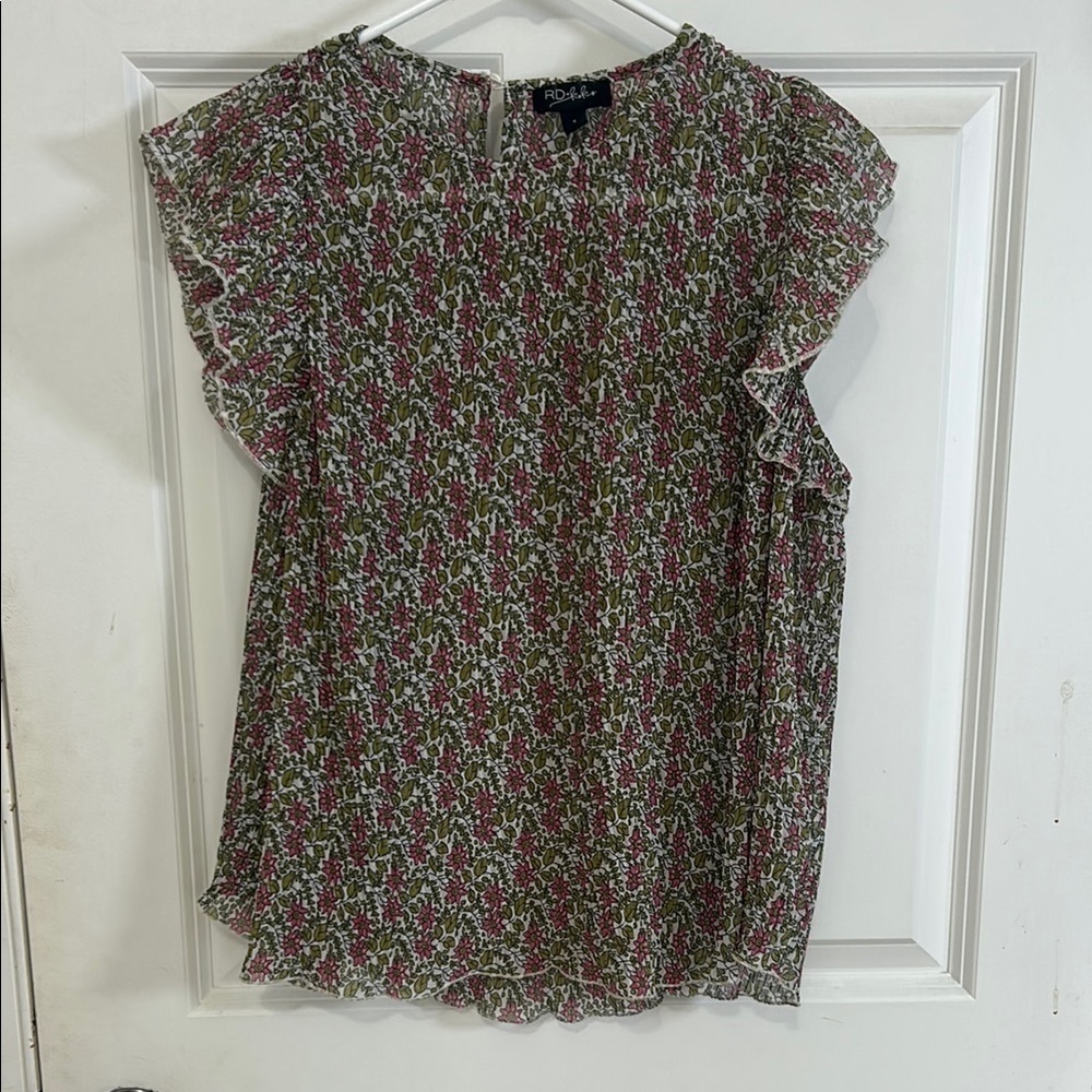 RD & koko Ruffled Flutter Sleeve Blouse pink and green Anthropologie